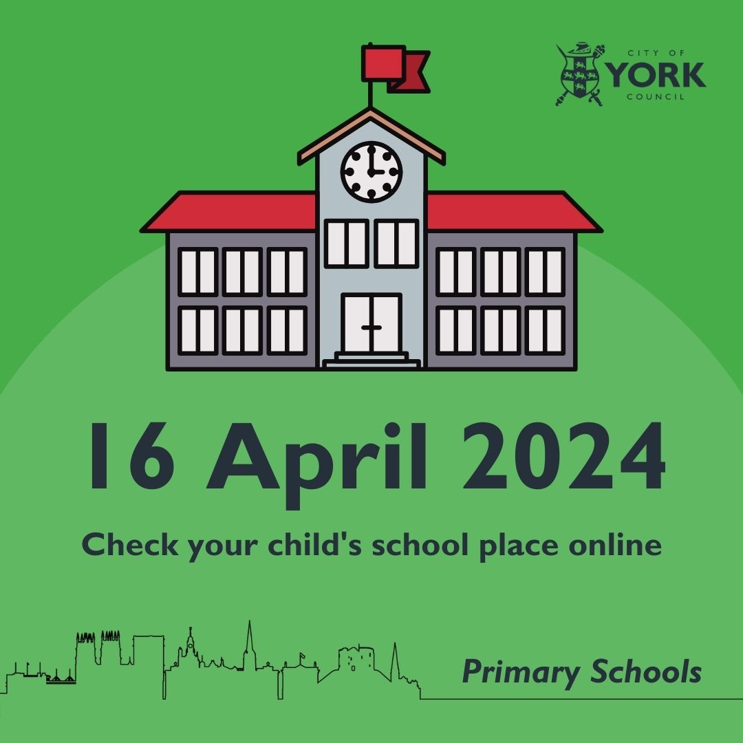 If your child is due to start school in Reception this September, you can find out where they've been offered a place on Tuesday (National Offer Day). Log on to york.gov.uk/ParentPortal (re-set your password in advance if necessary). More info at york.gov.uk/PrimarySchoolA…