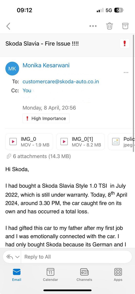 MonikaKesar13's tweet photo. People are wondering why I had to go on social and just not write back to skoda directly. We reached out to Skoda, they are in denial if something was wrong with their car. They are just pushing to as an accident. But is it usual for a car to catch fire on its own? 
See the reply https://t.co/sySA5aYBQo