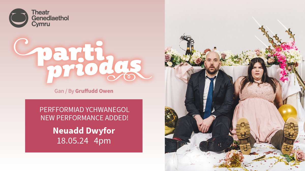 Theatr Cymru (@theatrcymru) on Twitter photo ❣️PERFFORMIAD YCHWANEGOL❣️
Yn dilyn galw mawr, bydd perfformiad ychwanegol o Parti Priodas yn <a href="/NeuaddDwyfor/">Neuadd Dwyfor</a>. Mae'r perfformiad nos yn llawn, ond mae'r sioe am 4pm ar 18 Mai nawr ar werth🌟
Mae'r daith yn gwerthu'n gyflym. Brysiwch i gael eich tocynnau🏃♀️🎟️ ❣️PERFFORMIAD YCHWANEGOL❣️
Yn dilyn galw mawr, bydd perfformiad ychwanegol o Parti Priodas yn <a href="/NeuaddDwyfor/">Neuadd Dwyfor</a>. Mae'r perfformiad nos yn llawn, ond mae'r sioe am 4pm ar 18 Mai nawr ar werth🌟
Mae'r daith yn gwerthu'n gyflym. Brysiwch i gael eich tocynnau🏃♀️🎟️