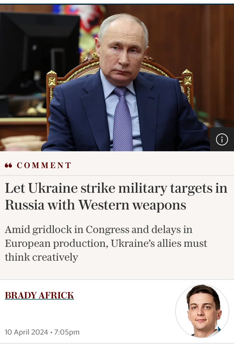 Excellent comment by Brady Africk (@bradyafr). The restrictions of Western weapons in excluding Russian soil was always shortsighted and outright illogical. Even International Law is quite clear in that matter. Russia in return already uses Iranian and North Korean weapons…