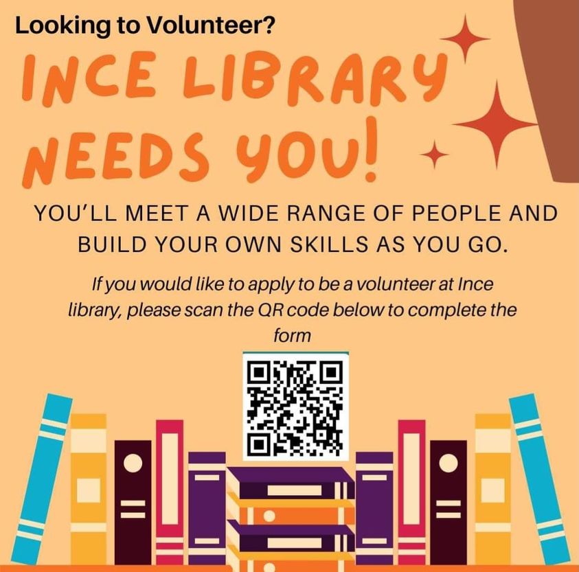 Ince library needs YOU! Apply to be a volunteer at Ince library (WN2 2DJ) to build your skills in customer service and meet new people. Please complete the form via this link forms.office.com/e/6X06HGHBbG?o… or the QR code to express your interest #volunteer #customerservice #libraries