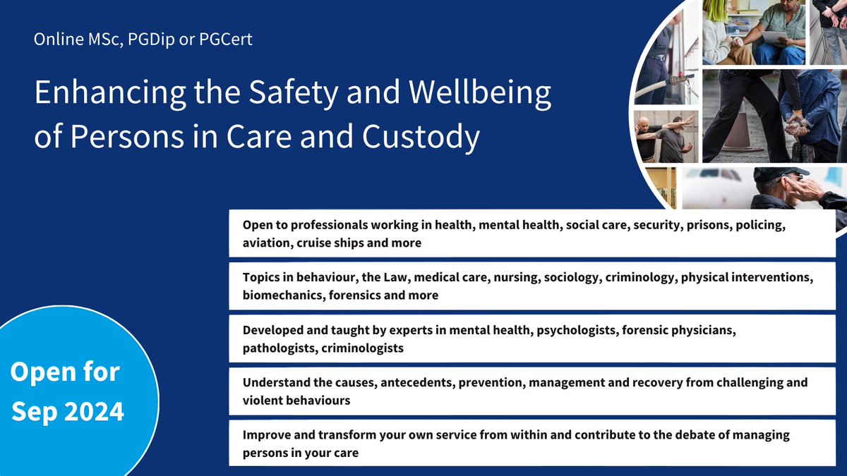 Join us tonight at 19:00 for a Q&A webinar on our new MSc in Enhancing the Safety and Wellbeing of Persons in Care and Custody. Study with us to learn the causes, antecedents, prevention, management and recovery from challenging and violent behaviours: tinyurl.com/CareCustodyQan…