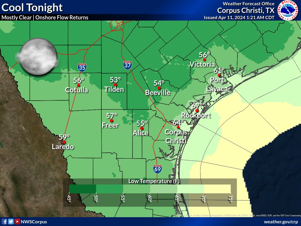 Drier conditions will continue today under clear skies. Highs will range from the lower to upper 80s with lows tonight dropping into the 50s inland & 60s near the coast. Northwest winds today will shift to the southeast tonight which will begin to increase moisture. #stxwx #txwx