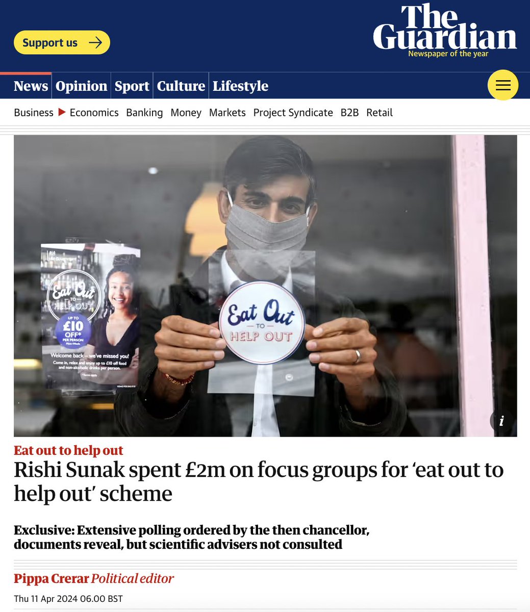 Best for Britain (@bestforbritain) on Twitter photo Incredible exclusive by <a href="/PippaCrerar/">Pippa Crerar</a>. Sunak paid £2m for focus groups to check whether "Eat Out To Help Out" would be a popular thing to do, but neglected to even tell the govt's scientific and medical advisors so they could assess the health risk. ~AA
theguardian.com/business/2024/… Incredible exclusive by <a href="/PippaCrerar/">Pippa Crerar</a>. Sunak paid £2m for focus groups to check whether "Eat Out To Help Out" would be a popular thing to do, but neglected to even tell the govt's scientific and medical advisors so they could assess the health risk. ~AA
theguardian.com/business/2024/…