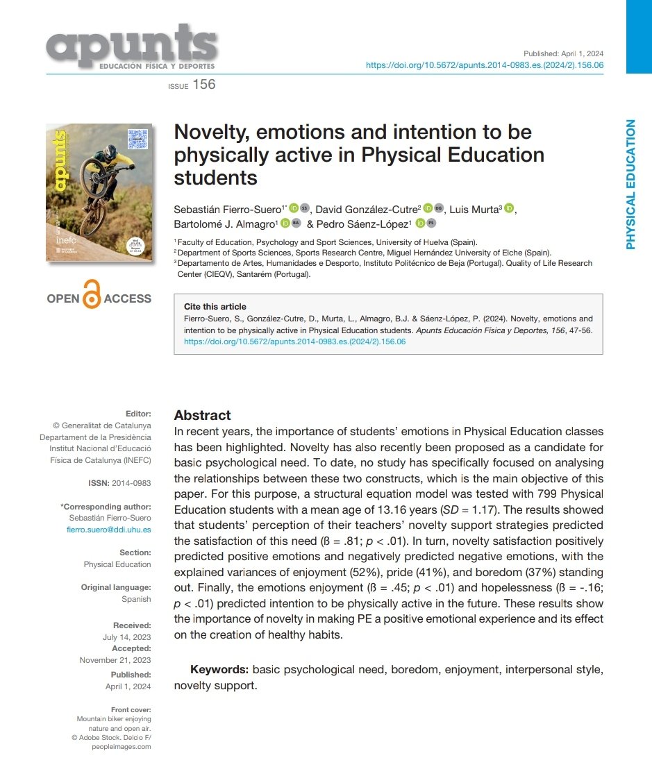 📢NEW PAPER📢

"Novelty, emotions and intention to be physically active in Physical Education students"

I am very happy to collaborate with the great <a href="/davidgcutre/">David González-Cutre</a> 😁

revista-apunts.com/wp-content/upl…