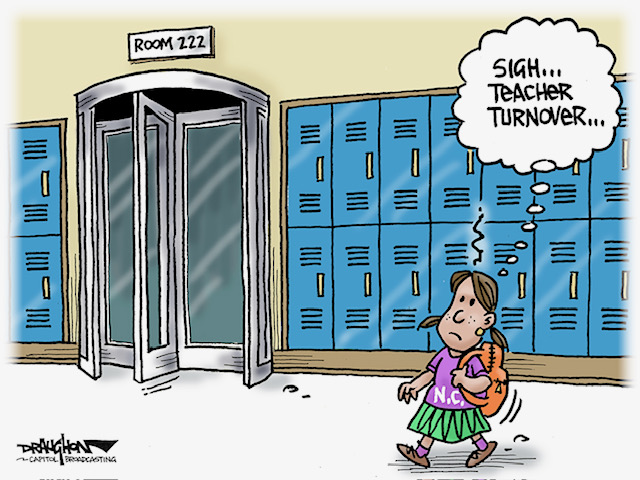 From editorial cartoonist @DennisDraughon 'Our school teachers' revolving door' wral.com/16553408 #ncga #ncpol #nced