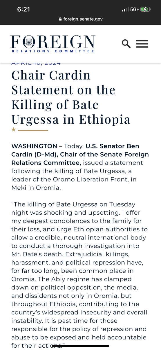 A generous statement from Foreign Relations Committee Chair <a href="/SenatorCardin/">Senator Ben Cardin</a> on the political execution of Oromo leader Bate Urgessa.