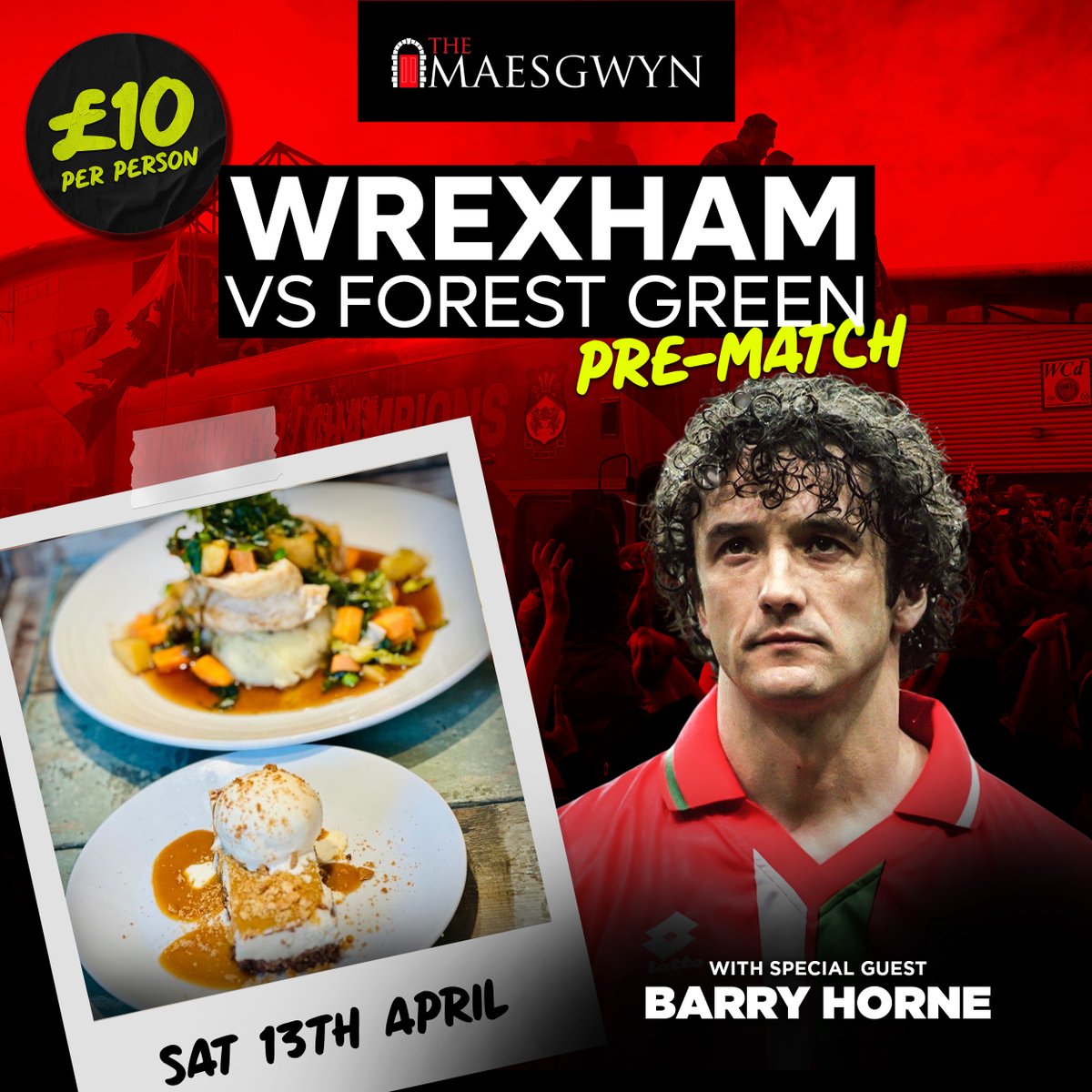 🍺⚽️ P R E - M A T C H ⚽️ 🍺 Wrexham vs Forest Green - Sat 13th April 😋 Sauteed chicken with hot pots sauce and tarragon mash 😘 Biscoff cheesecake With special Guest: Barry Horne £10 Per Person ⬇️BOOK NOW ⬇️ loom.ly/QGv7qj8