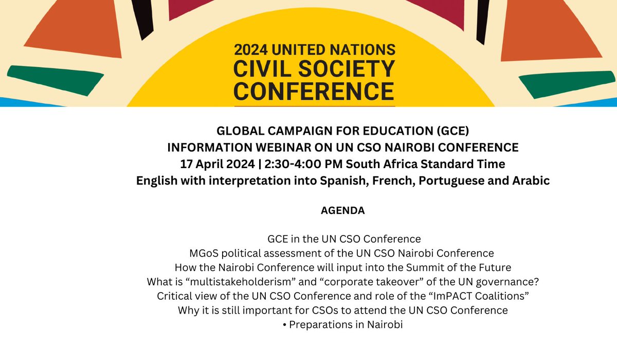 Learn more about the UN Civil Society Conference
Take part in civil society efforts to influence the Summit of the Future!
Participate in GCE's information webinar on the UN Civil Society Conference
Save the Date: 17 April, 2:30 - 4:00 PM South Africa