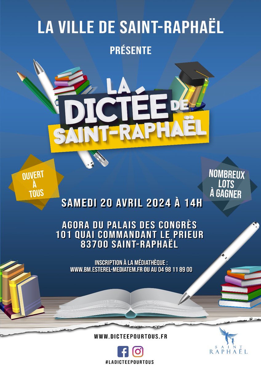 ✍️La Grande Dictée de Saint-Raphaël Rejoignez-nous pour célébrer ensemble la richesse de notre langue et encourager l'échange intergénérationnel au cœur de cet événement exceptionnel ! 📆20/04 de 14h à 17h ✅ Gratuit ouvert à tous ℹ️ Infos et inscription tinyurl.com/mwwzc8wp