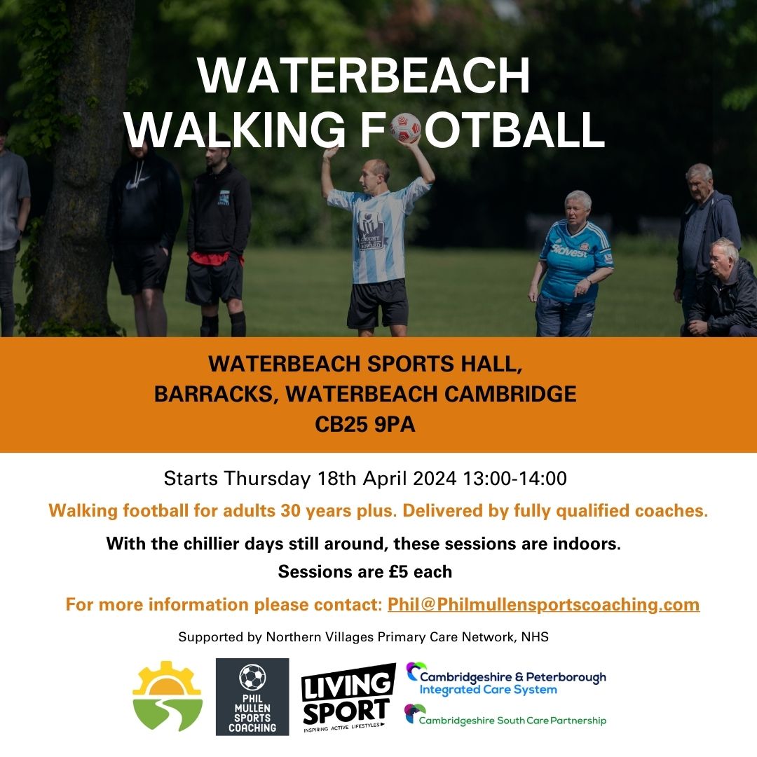 We are delighted to announce that from the 18th April, @philmullen11 will be taking the lead of the Walking Football Sessions in Waterbeach! These will still be every Thursday, from 1-2pm. There will now be a cost to these Sessions which will be £5. @WaterbeachWB