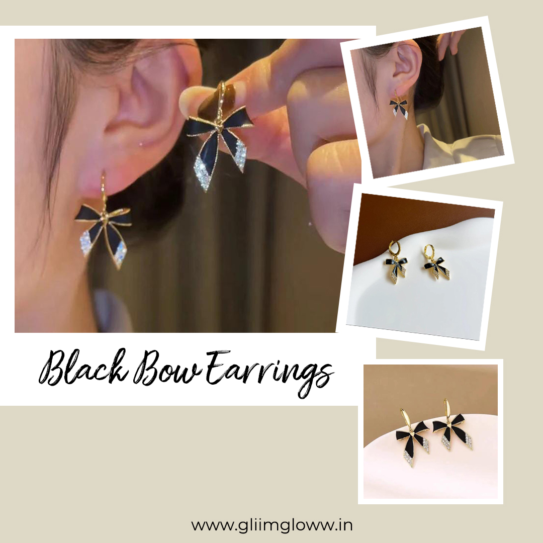 Elegance in every curve - Black Bow Earrings 🌐gliimgloww.in #bowearrings #earrings #pearlearrings #jewelry #bow #earringsoftheday #handmadejewelry #shop #handmadeearrings #accessories #statementearrings #goldearrings #earringsofinstagram