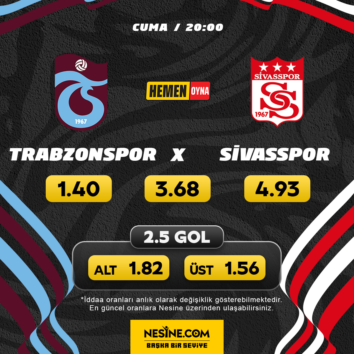 Süper Lig heyecanı kaldığı yerden devam ediyor! Haftanın açılış mücadelesinde Trabzonspor evinde Sivasspor'u konuk ediyor. Trabzonspor - Sivasspor mücadelesi CANLI İDDAA seçeneğiyle Nesine.com'da! Hemen Oyna --> nsn.tc/4aw2VIN