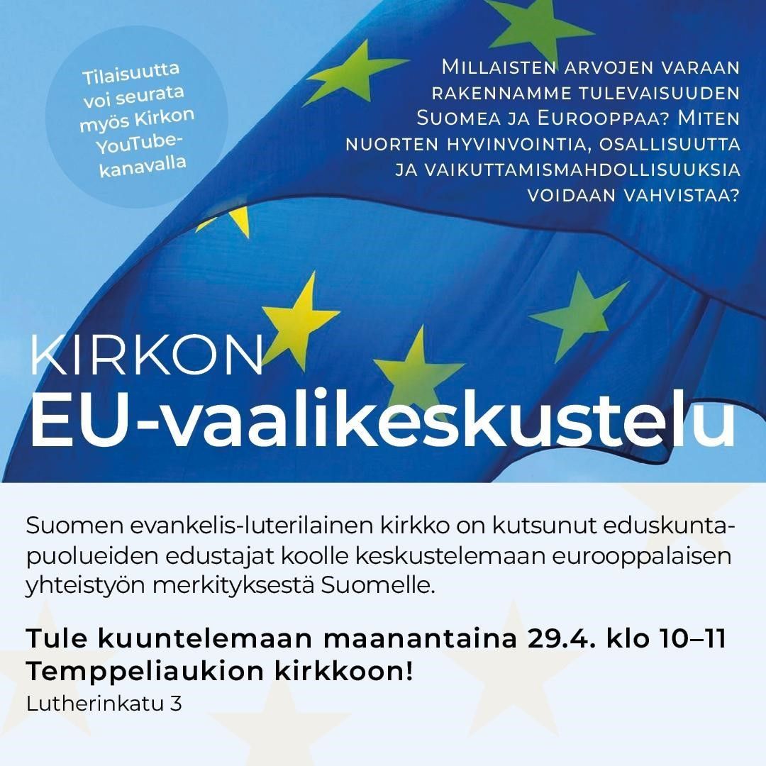 Millaisten arvojen varaan rakennamme tulevaisuuden Suomea ja Eurooppaa? Tule mukaan kirkon EU-vaalikeskusteluun ma 29.4. klo 10-11! Mukana @HennaVirkkunen @VilleNiinisto @Eero Heinaluoma @liandersson @mikalintila. Juontajina @nella_salminen & @LuomaTapio. evl.fi/plus/tapahtuma…