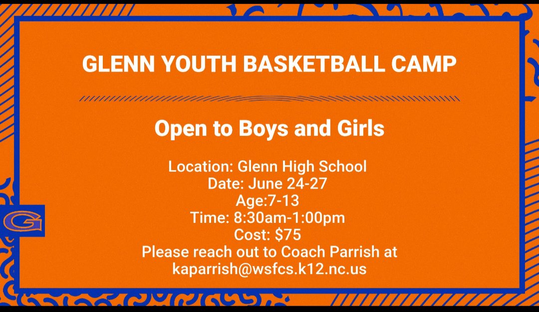 It's almost time for basketball camp at Glenn High School! June 24-27, 8:30am -1:00pm. Click the link below to register your child. forms.gle/F5hwLVTY8Jqoq5…