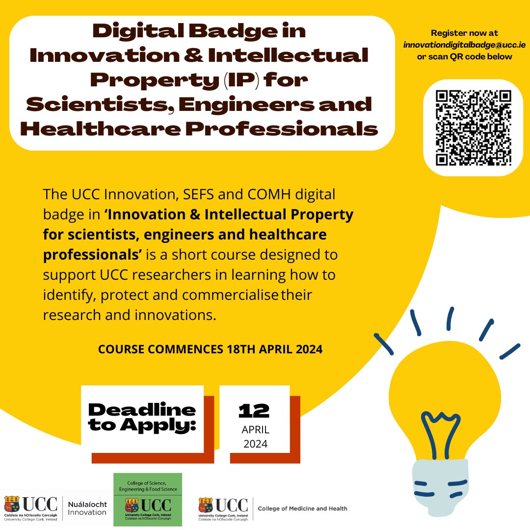 uccinnovation's tweet photo. Apps close tmw for @uccinnovation @SEFSUCC @UCCMedHealth Digi Badge in Innovation &amp; IP for Scientists, Engineers &amp; Healthcare Professionals, designed to support UCC researchers in learning how to identify, protect &amp; commercialise their research. Register: https://t.co/e7zJVAZsAd https://t.co/pV4J7uo6UT