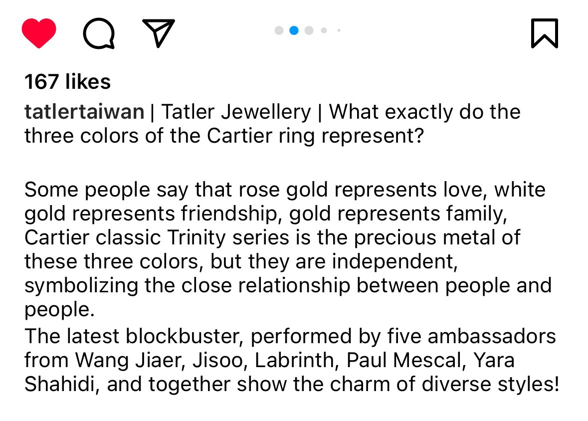 Tatler Taiwan posted Trinity campaign.. Maybe this is another reason why Cartier makes her as their ambassador.. “Family, love and friendship..” These words describe Jisoo well beside luxury. #JISOO #cartier