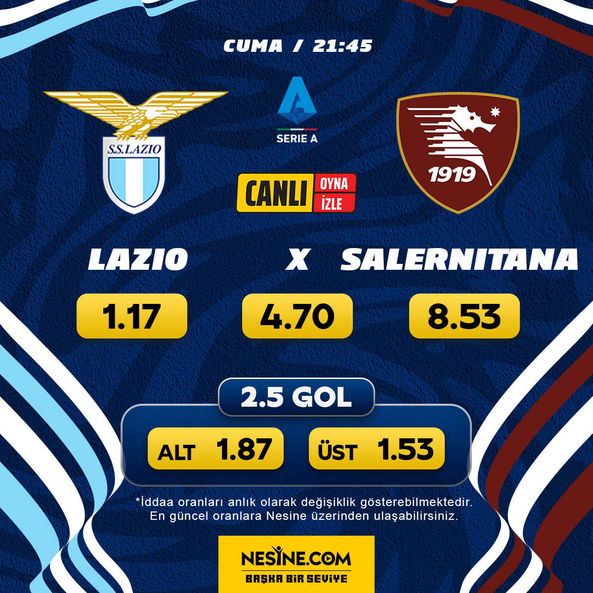 Serie A'da Lazio evinde Salernitana'yı konuk ediyor! Lazio - Salernitana mücadelesi CANLI OYNA - CANLI İZLE servisleriyle Nesine.com'da! Hemen Oyna - Canlı İzle --> nsn.tc/4cODWlv