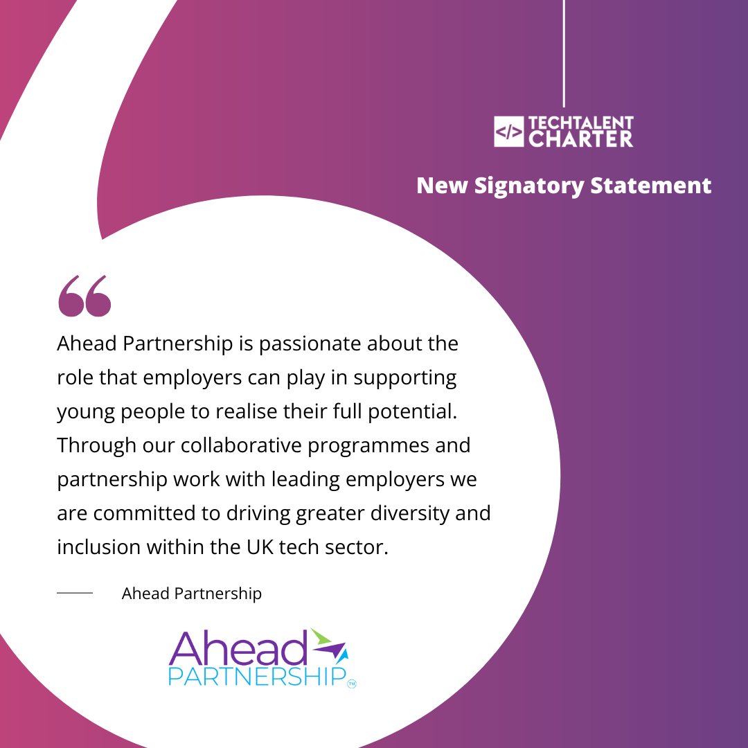 We're delighted to share a Signatory statement from @AheadP_ship. @AheadP_ship was established in 2004 to tackle social disadvantage and connect young people to opportunity. Learn more about becoming a TTC Signatory. 👉hubs.la/Q02qJ3BS0 #DiveristyAndInclusion #DEI #UK Tech