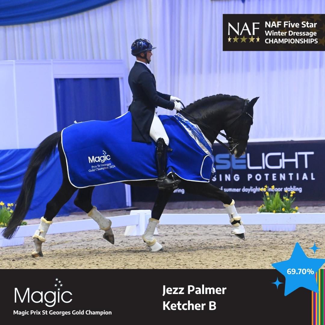 Huge congratulations to @jlpdressage and Ketcher B, winners of the Magic Prix St Georges Gold Championship with an amazing score of 69.70% #NAFWDC24