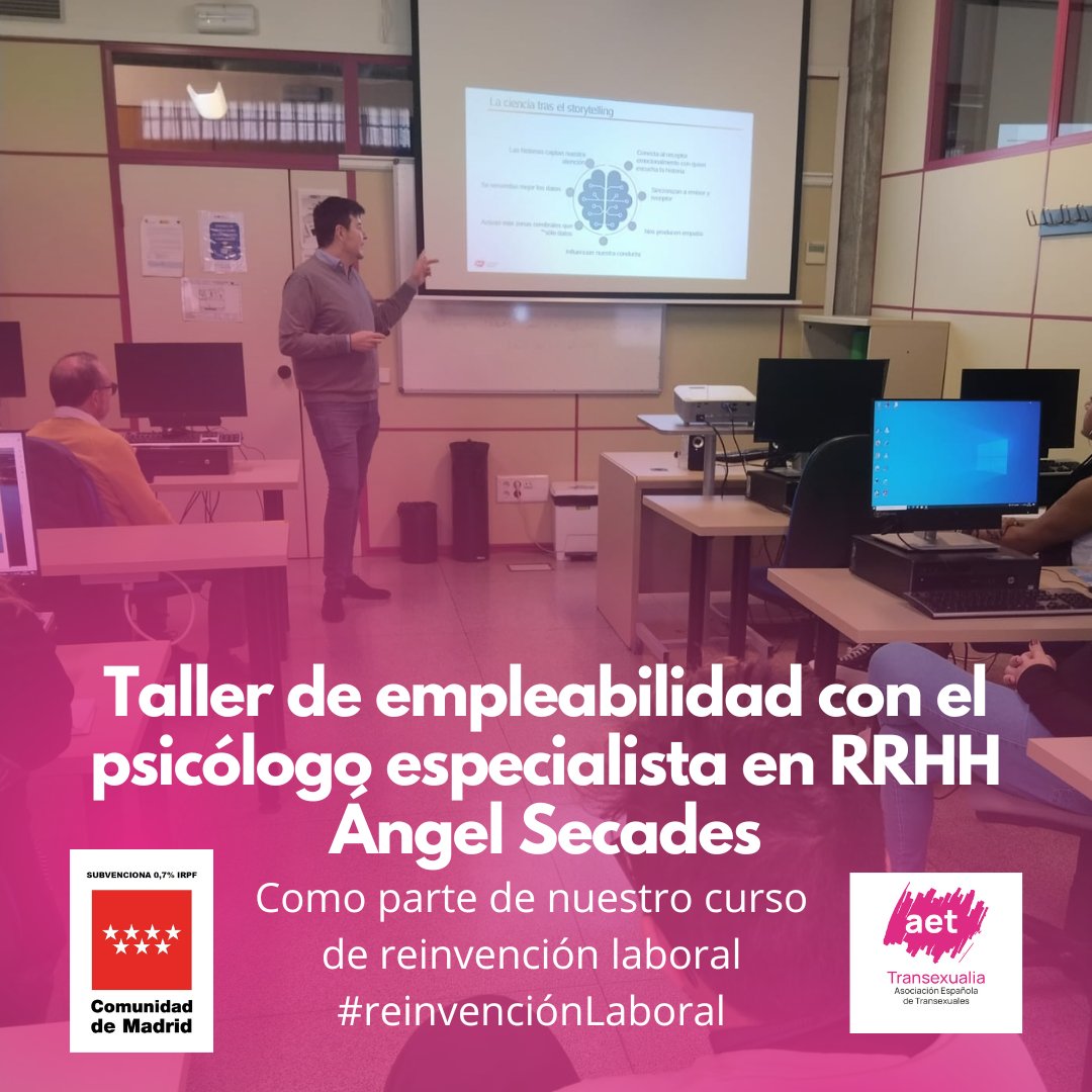 AetTransexualia's tweet photo. Nuestro agradecimiento hoy va para Ángel Secades, psicólogo que visitó a nuestro alumnado del curso de #reivenciónlaboral para abordar la empleabilidad desde el punto de vista de la psicología y los rrhh. Proyecto financiado con el 0.7% de IRPF
@ComunidadMadrid #empleoTrans https://t.co/xp0fefqmOi