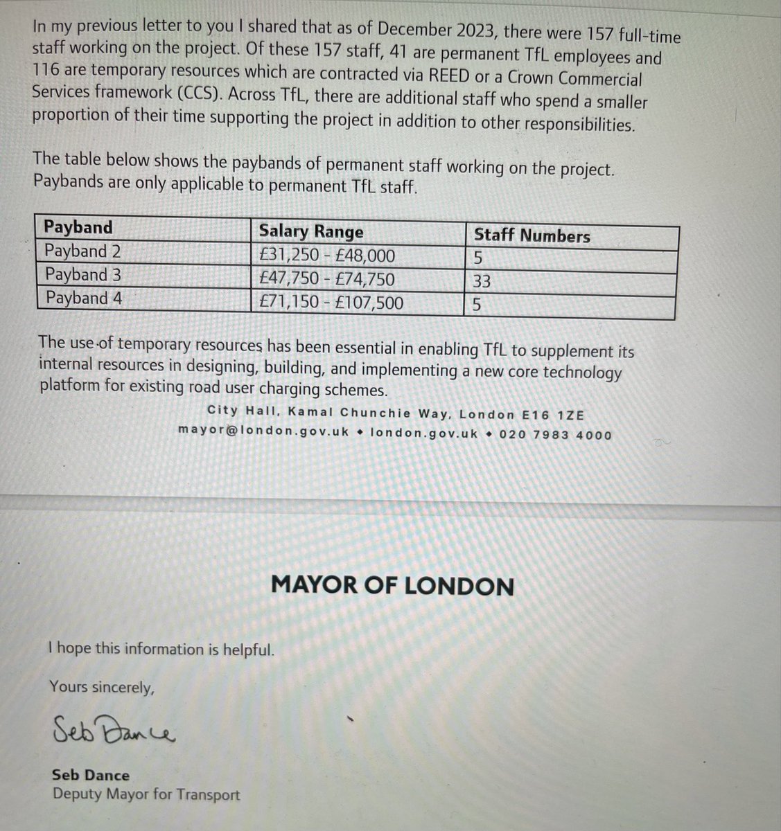 Thanks for writing this up. I kept digging on the salaries. One of Sadiq’s Deputy Mayors was kind enough to let me have the pay bands. Now, these are just TfL employees - Project Detroit’s 116 consultants are where the rest of the cost is. Pay-per-mile is part of their brief.