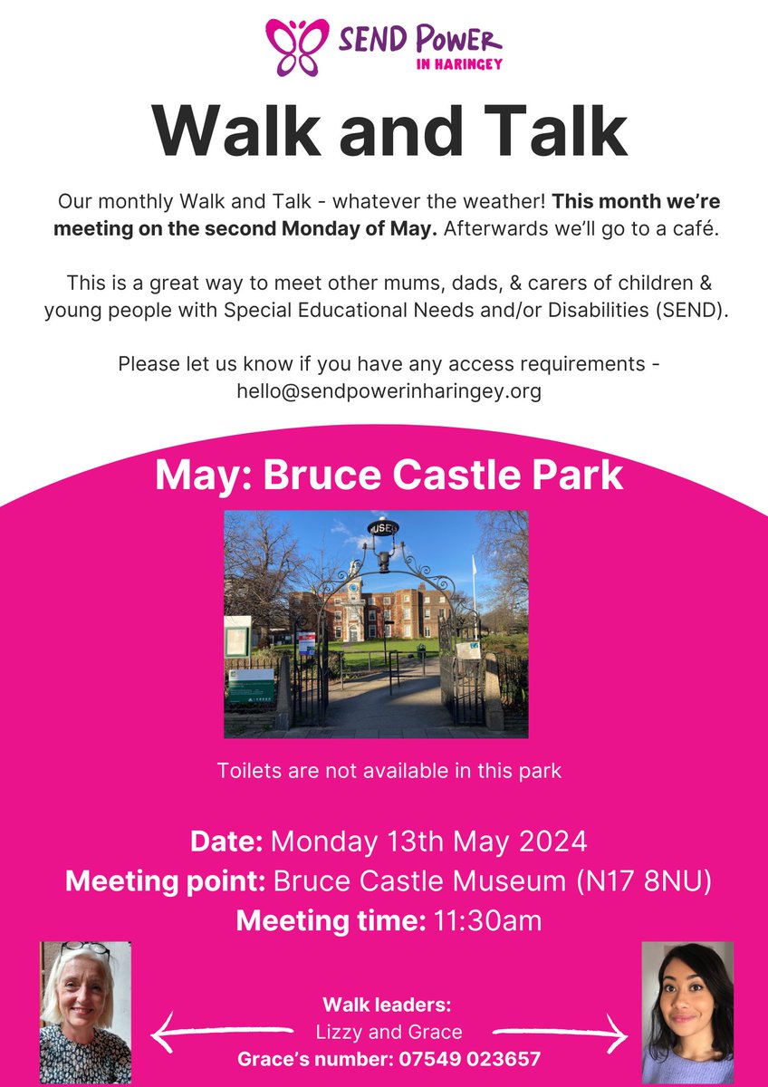 Our next Walk and Talk is in #BruceCastlePark

Open to all #parents/#carers of children/young people with #SpecialEducationalNeeds and/or #Disabilities who live in or receive #SEND services (e.g. school) in #Haringey

#N17 #Tottenham #BruceGrove