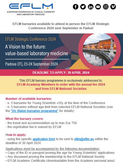 EFLM bursaries available to attend in person the EFLM Strategic Conference 2024 next September in Padua!