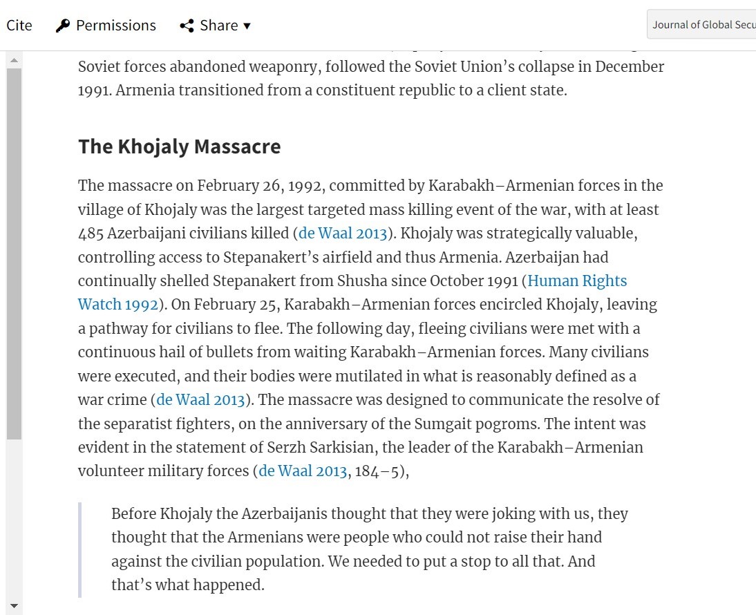 Nanlohy on the #Khojaly Massacre: S. Nanlohy, Geopolitics and Genocide: Patron Interests, Client Crises, and Realpolitik, Journal of Global Security Studies, 9: 1, March 2024, doi.org/10.1093/jogss/…