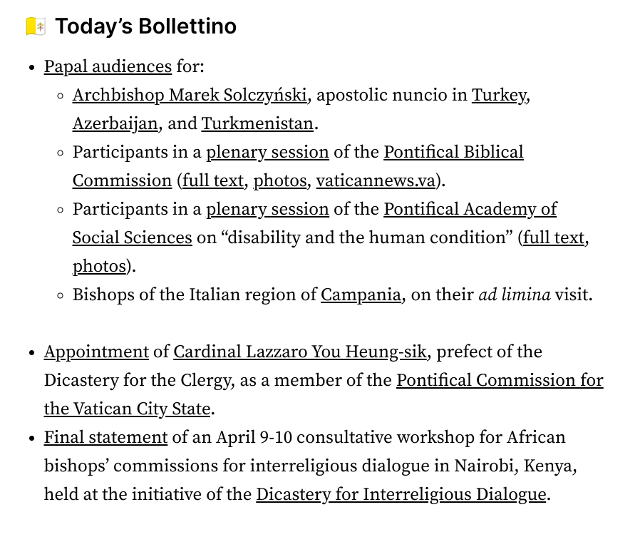 🔸Swiss commission to “test forms of synodal decision-making at national level” 🇨🇭 🔸Pope: Disabled “treated as foreign bodies in society” 🇮🇪 🔸Scottish bishop-elect mourned 🏴󠁧󠁢󠁳󠁣󠁴󠁿 🔸Maronite head urges calm 🇱🇧 Today’s S7: tinyurl.com/58hjfncc Sign up: tinyurl.com/4djd9yxm