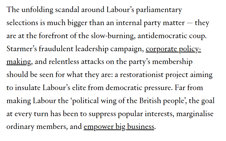 The Labour selections scandal has far-reaching consequences. These stitch-ups are about Labour's elite insulating itself from democratic pressure, ensuring pliable MPs to vote through unpopular policies. 💯 from @Martin_Abrams in @tribunemagazine 👇 tribunemag.co.uk/2024/04/starme…