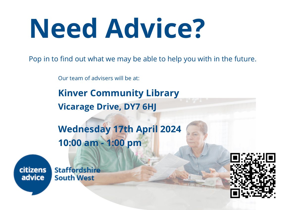 We will be at @kinverlibrary tomorrow. Drop in to see us and find out how we might be able to help with any issues you have, and find out more about the projects we run including energy advice, Pension wise, benefits, money maximisation and many more. #citizensadvice