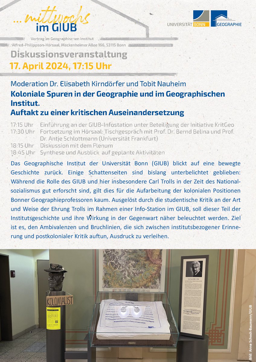 #mittwochsimGIUB Discussion on 'Colonial traces in geography and at the Department of Geography' moderated by Dr. Elisabeth Kirndörfer & Tobit Nauheim marks the start of the critical examination of this topic. When? April 17, 2024, 5:15pm Where? Lecture Hall, GIUB