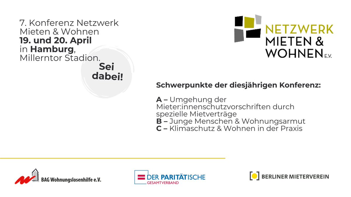 Bundesweites Netzwerken mit Initiativen, Vereinen, Politiker:innen zu den Themen Mieter:innenschutz, Bestandsentwicklung, junges Wohnen, Klimaschutz, Netzwerk Mieten und Wohnen Konferenz 2024. 🗣️Interessiert? Alle sind eingeladen. -> jetzt anmelden auf kurzelinks.de/06wo