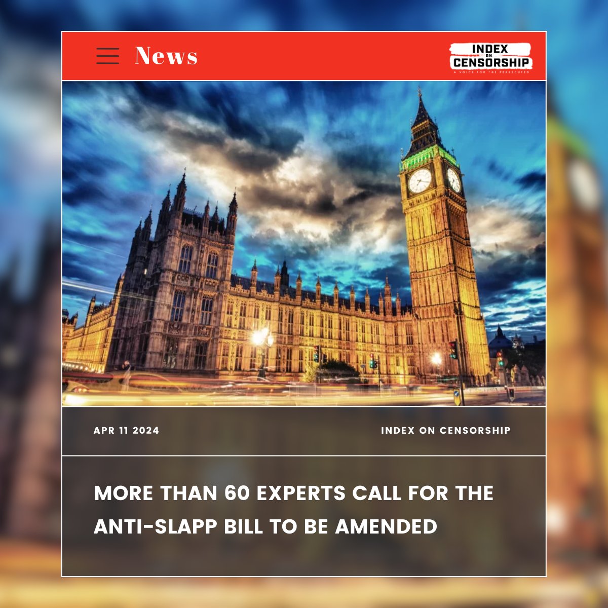 #SLAPPs: @IndexCensorship has co-ordinated 60 leading editors, lawyers, journalists, academics & experts to say the UK anti-SLAPPs bill should be amended to ensure it can protect everyone speaking out in the public interest. Read more here: indexoncensorship.org/2024/04/more-t…