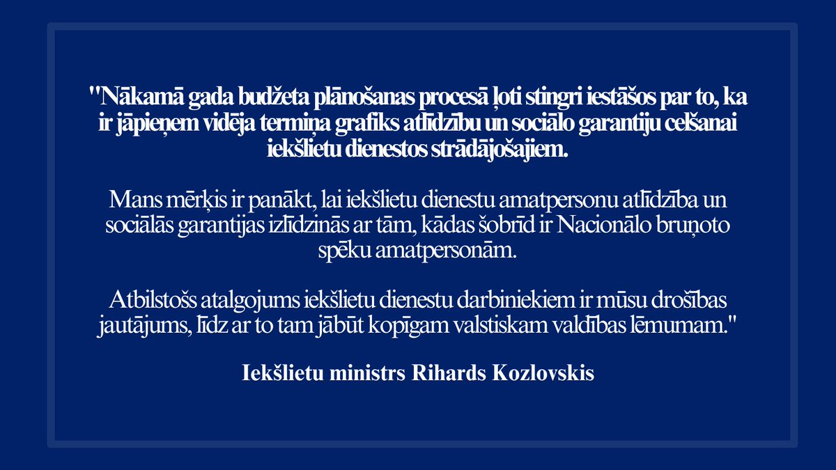 💬Iekšlietu ministrs R.Kozlovskis šodien LTV ziņu raidījumā 'Rīta Panorāma' uzsvēra, ka atbilstošs atalgojums iekšlietu dienestu darbiniekiem ir mūsu drošības jautājums, līdz ar to tam jābūt kopīgam valstiskam valdības lēmumam.