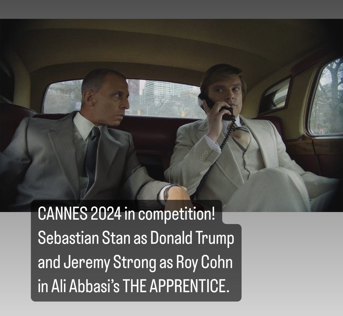 FIRST-LOOK IMAGE: Sebastian Stan as Donald Trump and Jeremy Strong as Roy Cohn in Ali Abbasi’s THE APPRENTICE, in competition at #Cannes2024