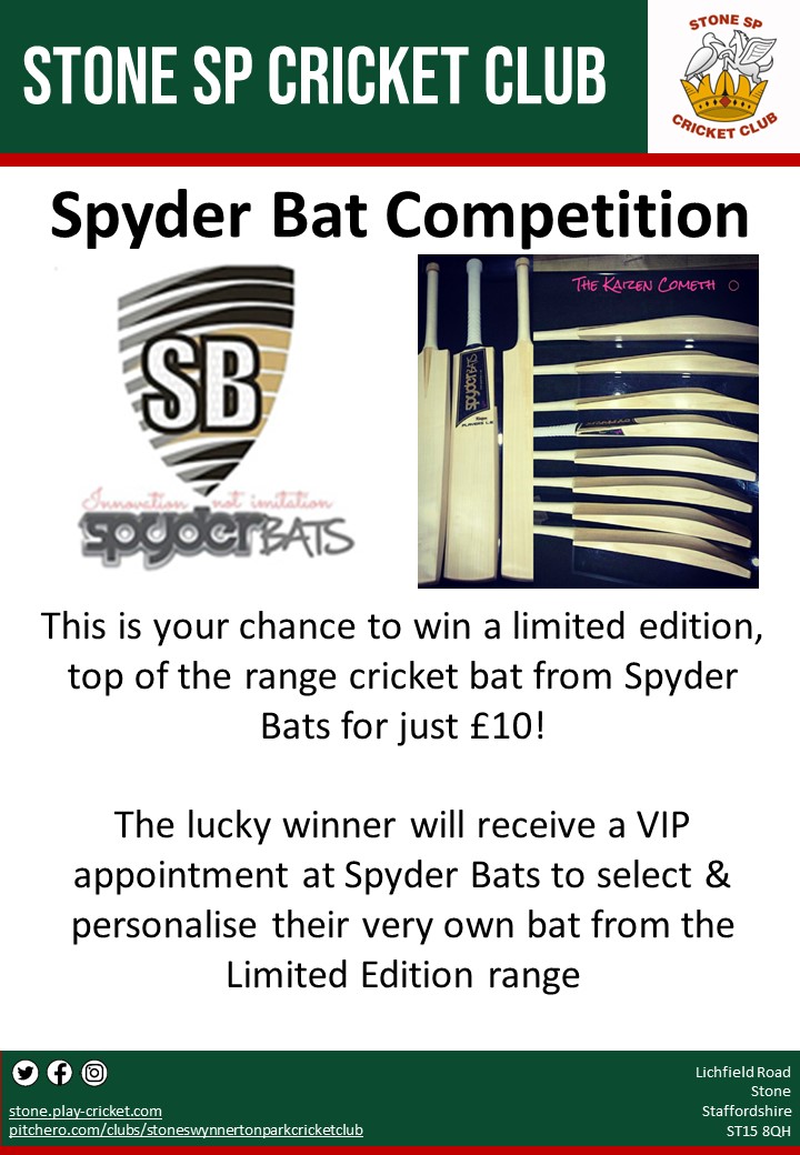 For your chance to win a limited edition, top of the range cricket bat from @Spyderbats click here pitchero.com/clubs/stoneswy… The lucky winner will receive a VIP appointment @ Spyder Bats to select & personalise their very own bat For more information contact @Rich_Harvey1 #Spyder