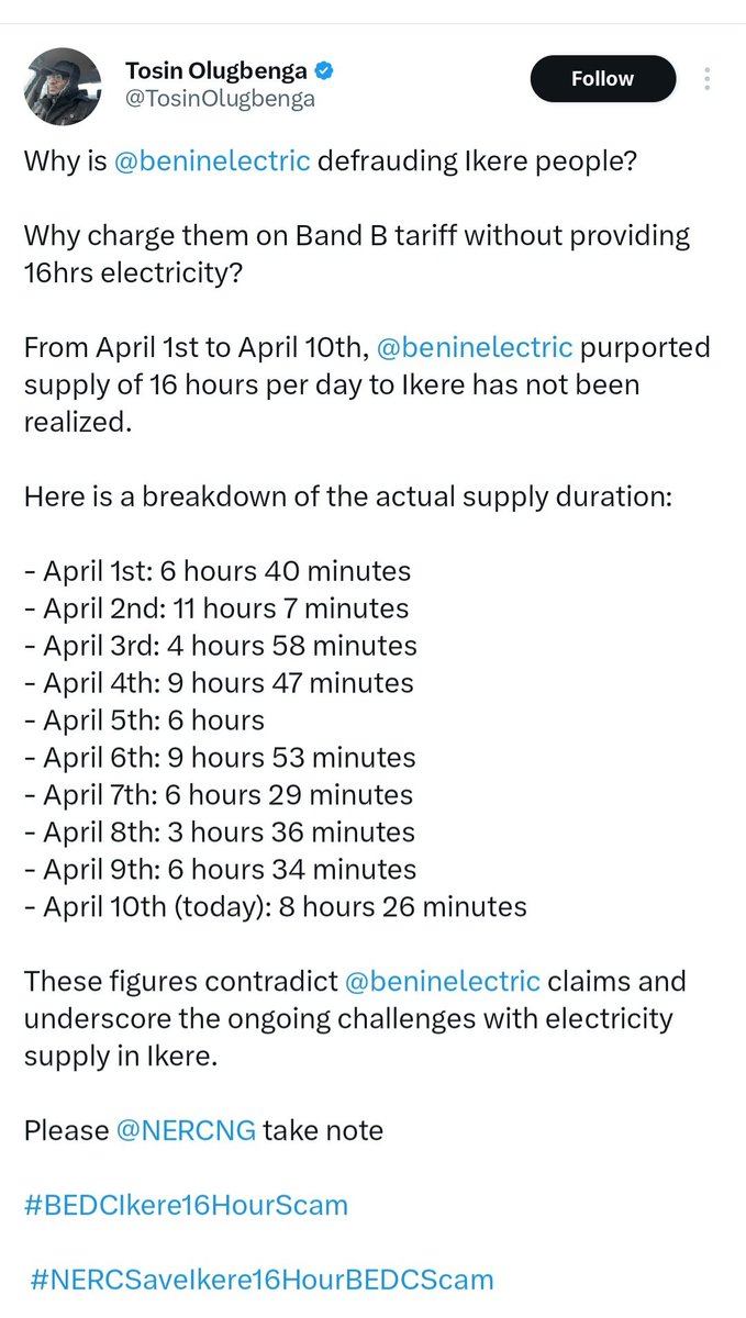 Man calls out @beninelectric for charging ikere on Band B tariff without providing 16hrs electricity?