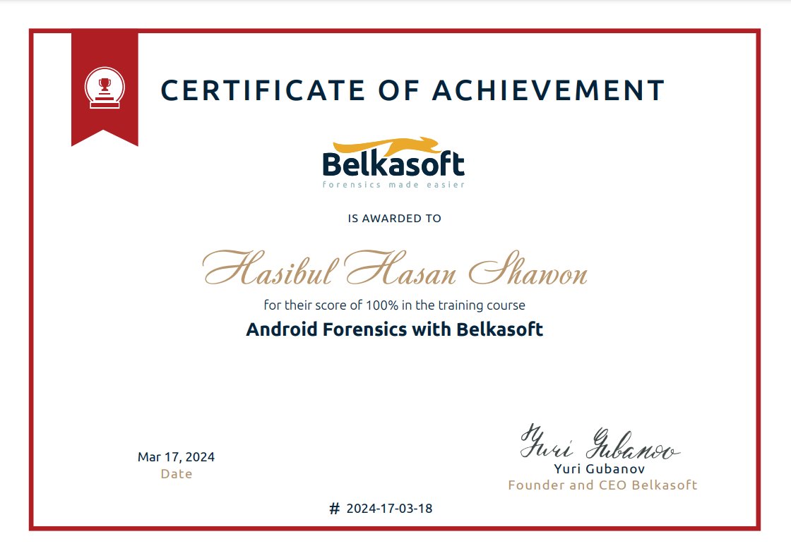 I'm thrilled to announce that I've completed the Android Forensics certification program with Belkasoft. 🎉

#AndroidForensics #Belkasoft #dfir #digitalforensics