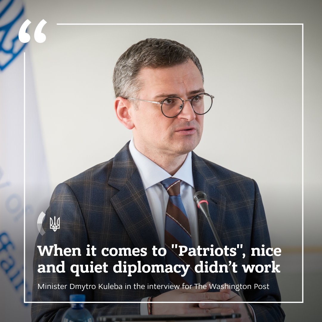 While Ukraine is grateful for the defense support, additional assistance is required. 🔗Read @DmytroKuleba's interview for @washingtonpost to learn why diplomacy requires different approaches at this war stage & why #Patriots are critically needed: cutt.ly/6w4MI2vJ