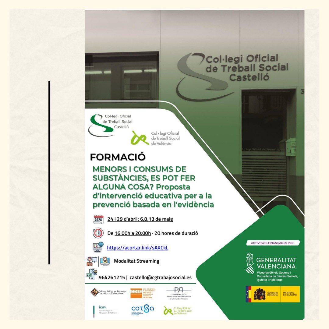 ➕FORMACIÓ‼️ El proper 18 d’abril (17.00 hores) obrim inscripcions per al curs ‘Menors i consum de substàncies: es pot fer alguna cosa?’ GRATUÏT, finançat Per @GVAIgualtat ✍ Enllaç d’inscripció: acortar.link/sAXCkL Amb @COTSvalencia