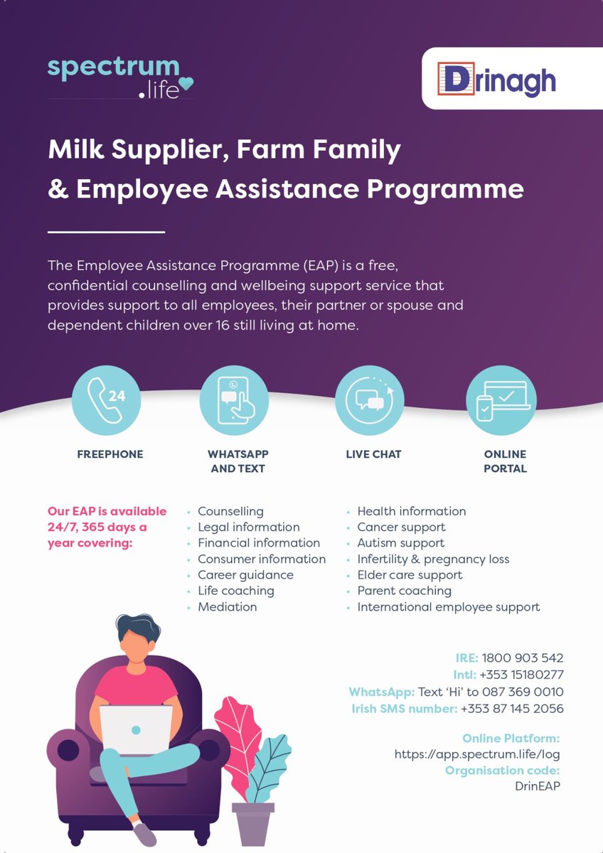 🆁🅴🅼🅸🅽🅳🅴🆁 Our free counselling & #Wellbeing #support service is available to all our #milk Suppliers, #employees & their families. This is a stressful time on farms at present & if anyone is worried or would like to chat to someone, this service is available to you.
