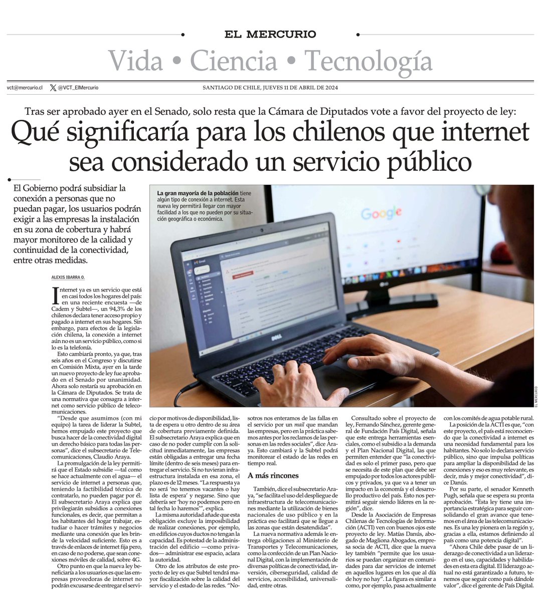 Qué significa para los chilenos que internet sea considerado un servicio público. Tras ser aprobada ayer en el Senado, solo resta que la Cámara de Diputados vote a favor del proyecto de ley. #VCTElMercurio shorturl.at/ghxJQ