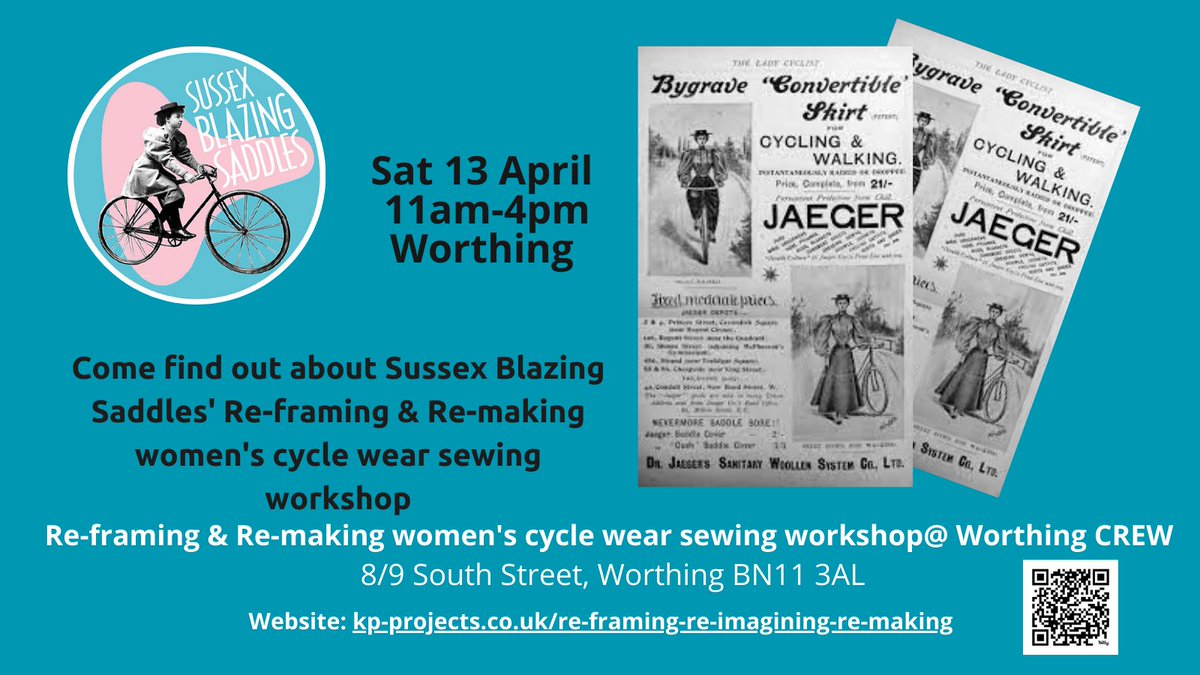 Join us this Sat at @crewworthing for #SussexBlazingSaddles! 

Using preloved materials &amp; clothes, we invite people to come along &amp; learn how to remake clothes suitable for cycling inspired by the bloomers worn by women in the late 19th century #Worthing 

eventbrite.co.uk/e/sussex-blazi…