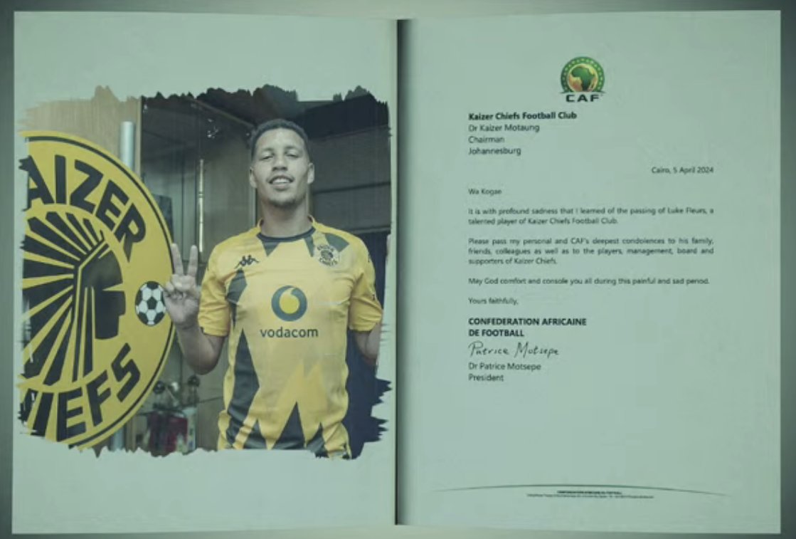 🕊️CAF president Dr Patrice Motsepe's message to Kaizer Chiefs on the loss of Luke Fleurs was read at the memorial service.