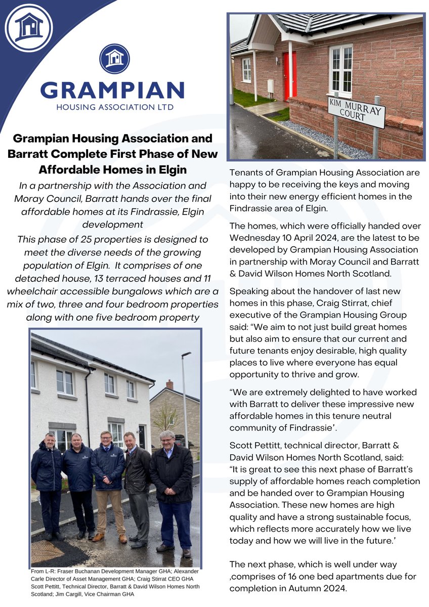 🏡 GRAMPIAN HOUSING ASSOCIATION AND BARRATT COMPLETE FIRST PHASE OF NEW AFFORDABLE HOMES IN ELGIN In a partnership with @GrampianHA & @MorayCouncil , @BarrattHomes hands over the final affordable homes at its Findrassie, Elgin development #GrampianHA #NewHomes #AffordableHomes