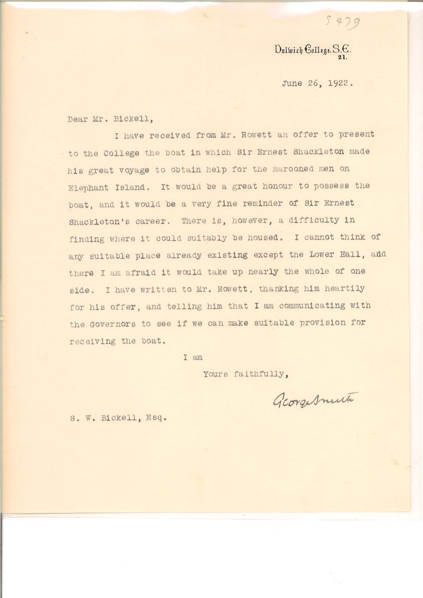 After the ill fated Endurance Expedition 1914-16, #Shackleton gifted the James Caird to his friend, John Quiller Rowett, @DulwichCollege 1889-91, in exchange for £70,000 sponsorship for the Quest expedition. When Shackleton died Rowett gifted the boat to their old school.