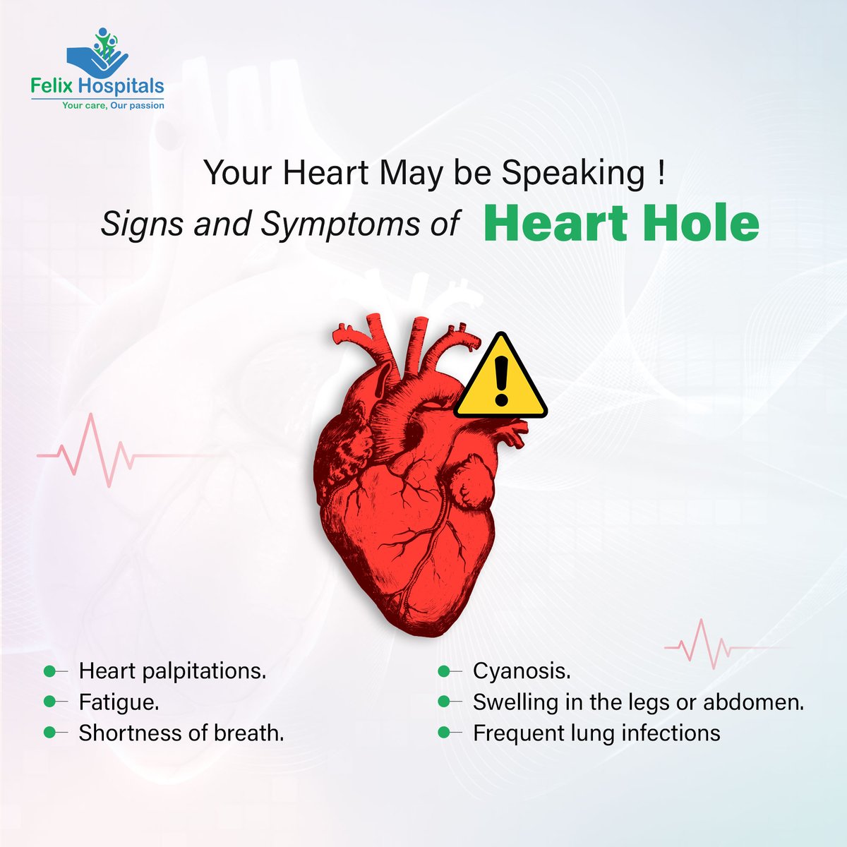 Don't ignore the signs. A hole in the heart may be a serious condition, but it is treatable when detected early. 
 Early detection saves lives. 💗

#heart #hearthole #heartattack #hearthealth #heartdisease #Heartwarming #Cardiology #besthospitalinnoida #hospitalnear #everyone