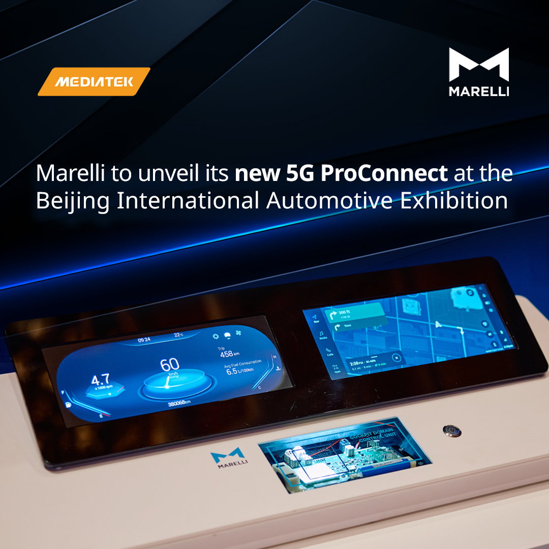 #Marelli will introduce ProConnect, a fully-integrated cluster with vehicle infotainment and 5G telematics, powered by @MediaTek's MT8675 SoC, at Beijing International Automotive Exhibition. See it at booth W1-W01, Temporary Hall, from April 25: bit.ly/3JcB2tt.